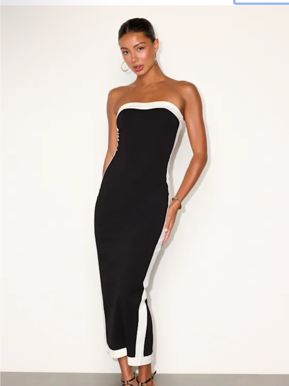 Lulu's Black Strapless Midi Dress with White Trim